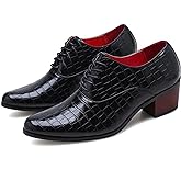 Men's Stone Pattern Chunky Heel Leather Dress Oxford Shoes Fashion Classic Pointed Toe Lace Up Low Top Business Formal Derby Shoes
