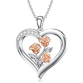 LWXIE Diamond Rose Heart Necklace for Women 925 Sterling Silver Love Heart Rose Pendant Necklaces with Lab Grown Diamond Jewelry Gifts for Her