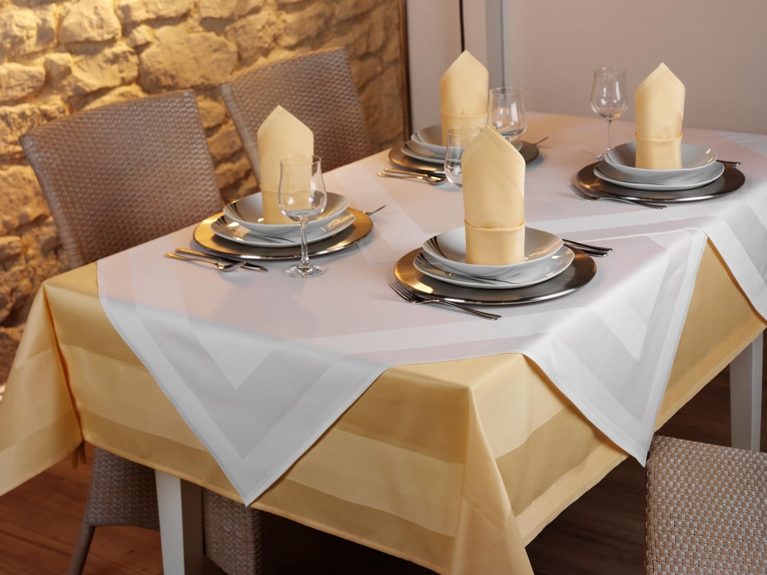texpot Tablecloth 100 x 100 cm Yellow Satin Edge 100% Cotton Damask Tablecloth