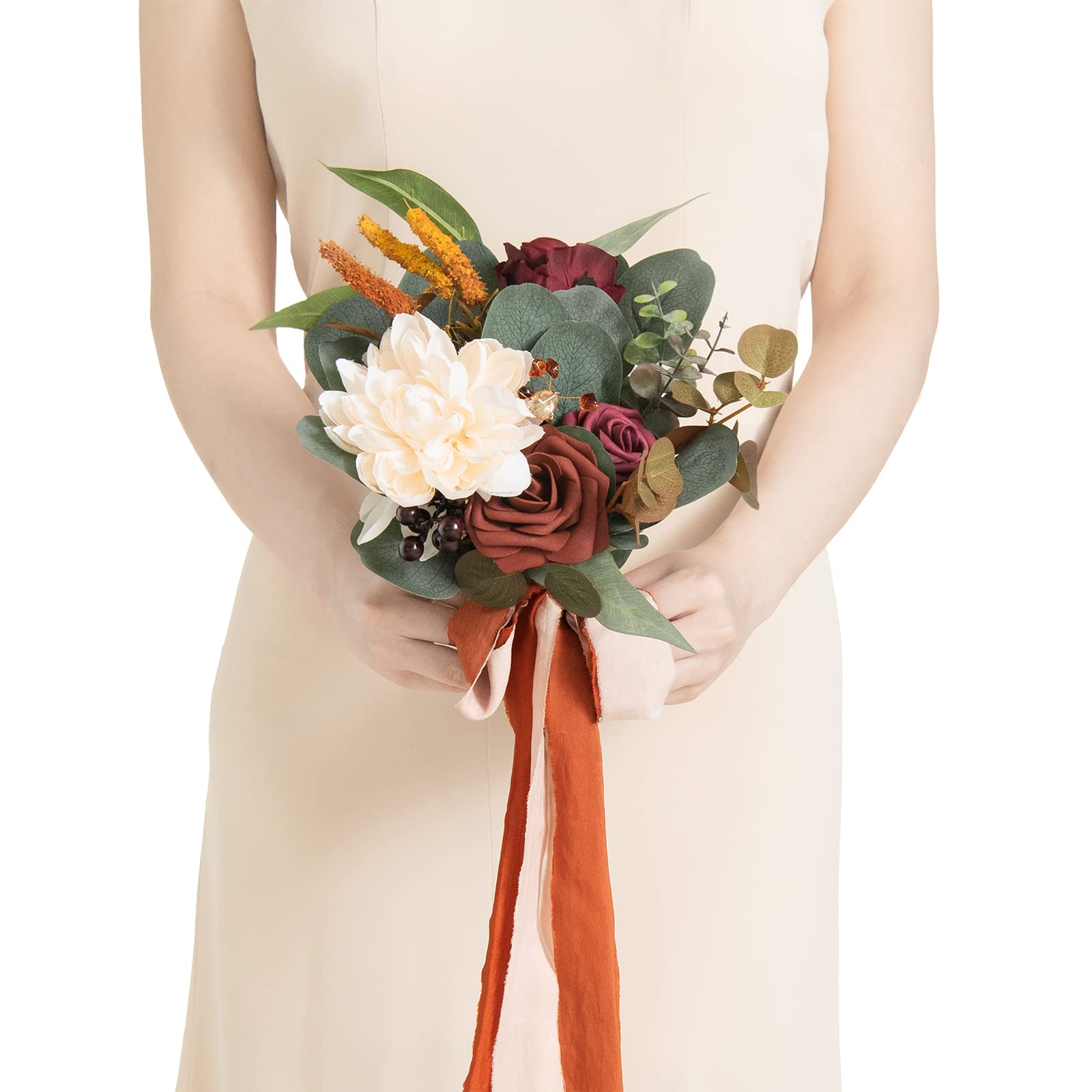 Photo 1 of Ling's moment Artificial Flowers Terracotta Bridesmaid Bouquet, Fall Wedding Flowers Bouquets for Bridesmaids, 7 Inch Bridal Bouquets for Bridesmaids, Wedding Decor, Ceremony, Anniversary, etc