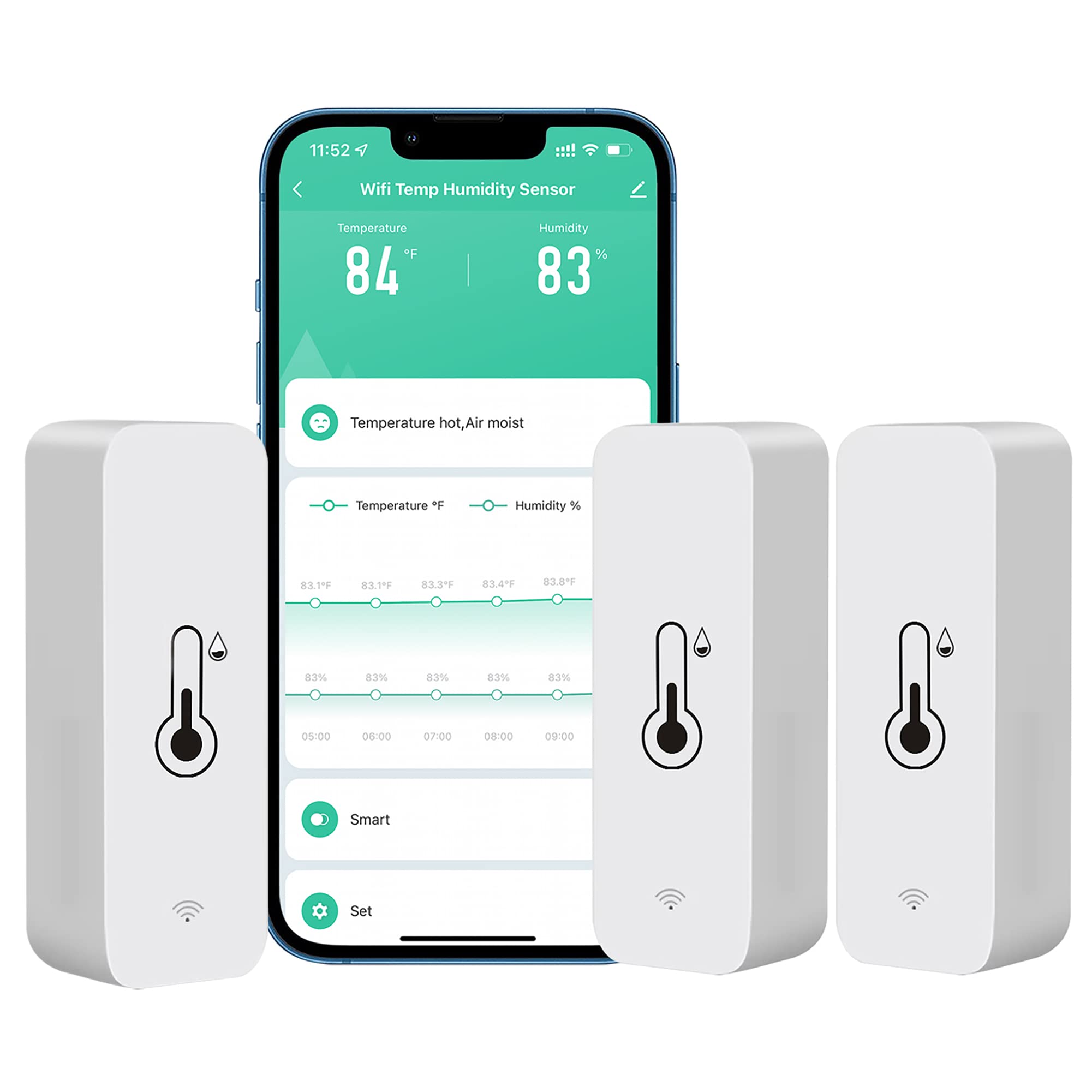 PHOVOLT WiFi Hygrometer Thermometer sensor for home, Indoor Outdoor Wireless Temperature Humidity Sensor Monitor with Remote App Notification Alert, Work with Tuya app, for Home Greenhouse (3-Pack)