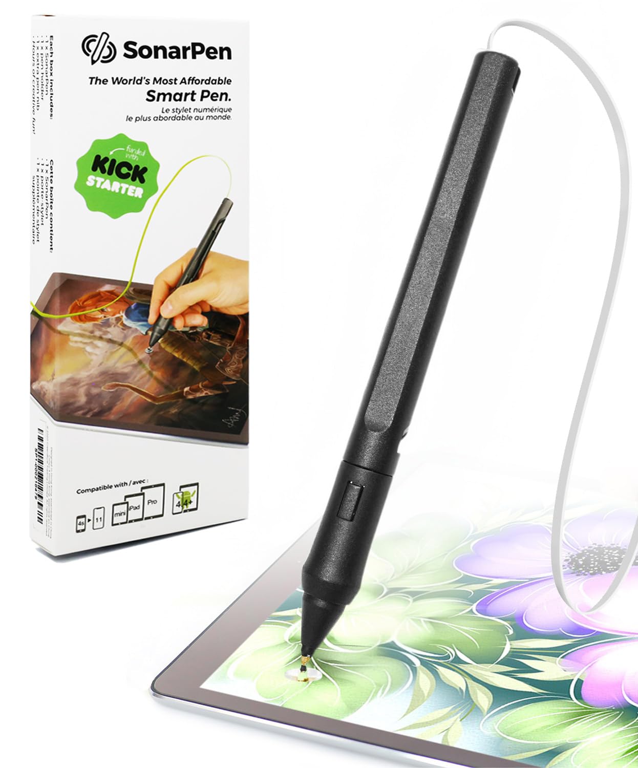 SonarPen - Pressure Sensitive Smart Stylus Pen with Palm Rejection and Shortcut Button. Battery-Less. Compatible with Apple iPad/Pro/Mini/iPhone/Android/Switch/Chromebook (White)