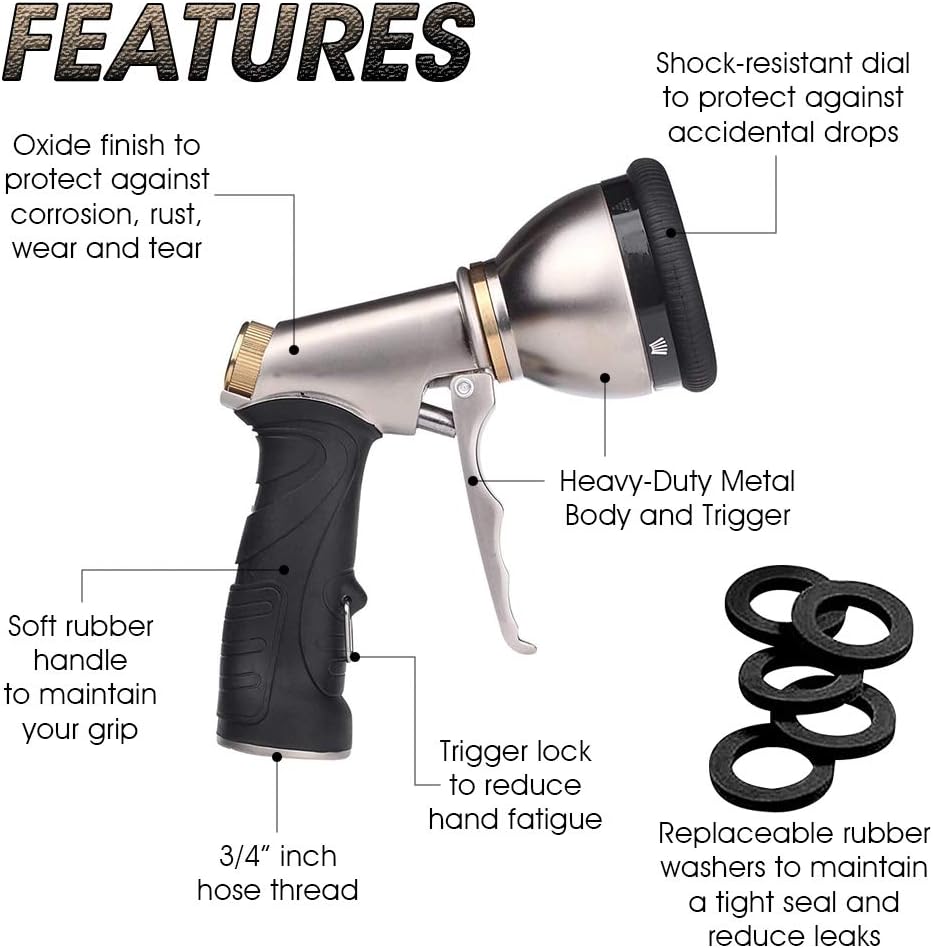SprayTec Garden Hose Nozzle Sprayer – Heavy Duty Metal Spray Gun w/Pistol Grip Trigger. 9 Adjustable Patterns Best For Hand Watering Plants & Lawn, Car Washing, Patio, Dog & More. Leak Free Guarantee : Garden & Outdoor