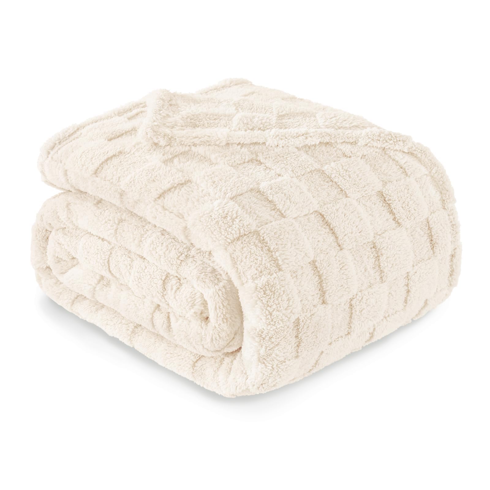 Exclusivo Mezcla Double Size Flannel Fleece Blanket, Super Soft and Warm Lightweight Checkered Pattern Blankets for All Seasons, 150x200 CM, Ivory