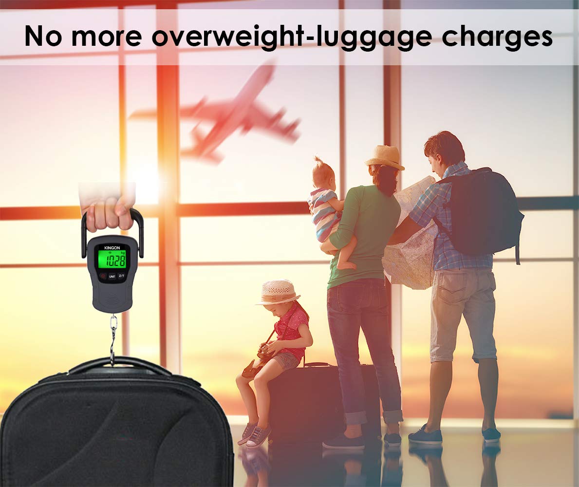 KINGON Digital Hanging Luggage Scale with Comfortable Handle and Large Hook, 110lb/50kg, Backlit Portable Scale for Travel Fishing with Tare/Hold Function, AAA Batteries Included, Grey