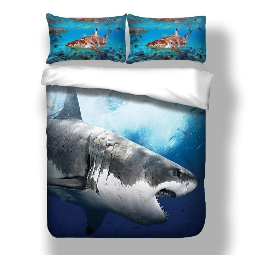 Loussiesd 3D Shark Print Duvet Cover Set Single Size Ocean Animal Style Children Kids Bedding Sets with Hidden Zipper Closure,Soft Comforter Microfiber Sea World Quilt Cover 2PCs(135x200cm) — image 1