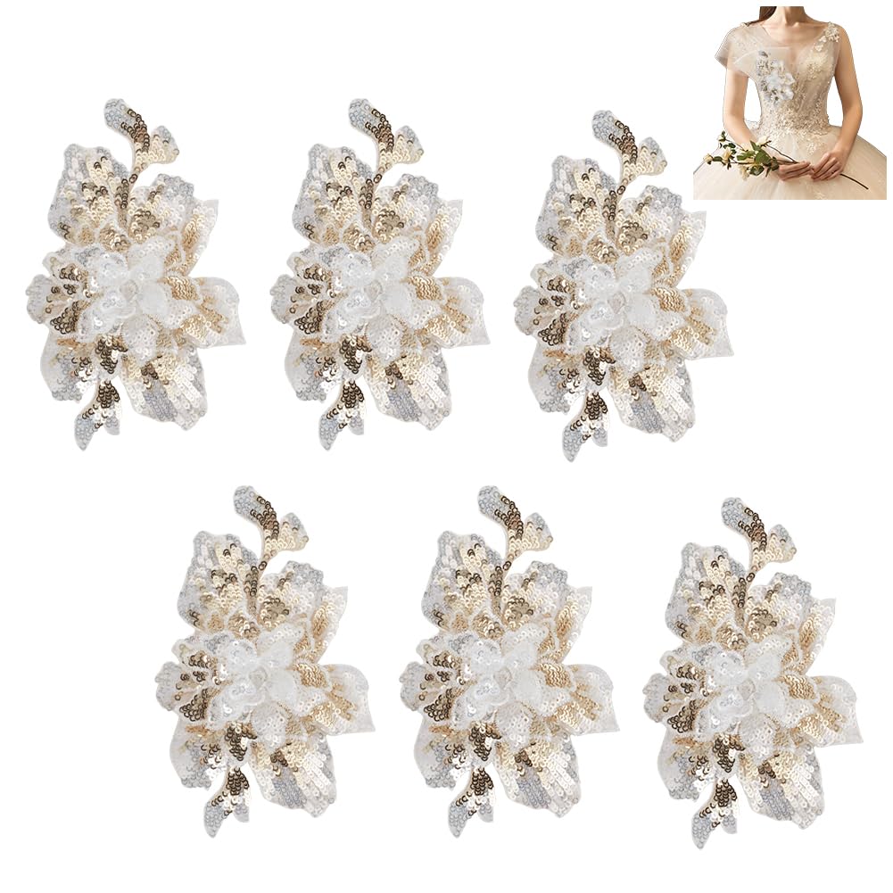 WADORN 6Pcs 3D Flower Mesh Embroidered Sequin Lace Applique, Colorful Floral Sew on Patches Embroidery Trim for Wedding Bridal Dress Party Gown Bodice Craft DIY Costumes Neckline Collar Decoration