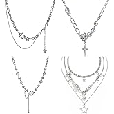 4PCS Y2k Double Layered Necklace Set,Silver Vintage Layered Necklaces for Women Y2k Necklace,Moonstone Punk Star Pendant Zircon Necklace Jewelry,Grunge Star Choker Aesthetic Jewelry Accessories