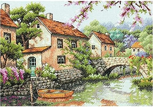 QQSGBD Gold Collection Counted Cross Stitch Kit Village Canal River Dim (Cross Stitch Fabric CT number : 14CT unprint canvas)