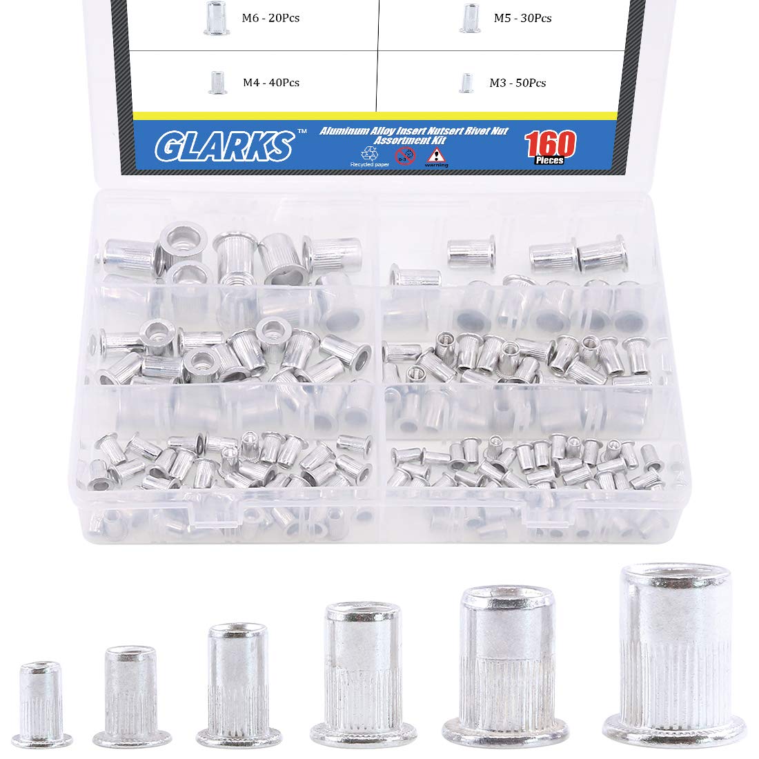 Glarks 160Pcs Aluminum Alloy M3 M4 M5 M6 M8 M10 Flat Head Metric Threaded Rivetnut Insert Nutsert Rivet Nut Assortment Kit