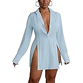 LYANER Women's Button Down Shirt Dress Collar V Neck Long Sleeve Slit Sexy Shirt Dresses