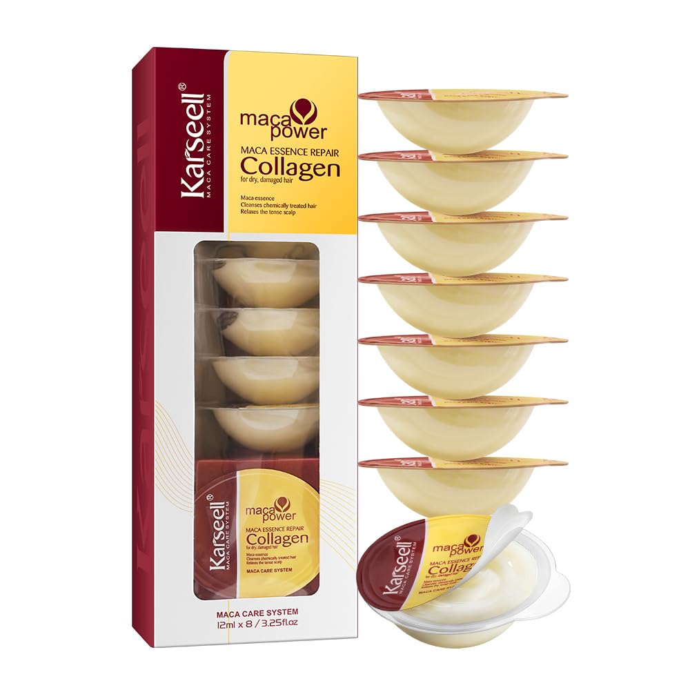 Karseell Hair Mask Collagen 12ml x 8 Packs Travel-Sized, Maca Essence Deep Repair Treatment, for Dry Damaged Hair All Types