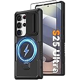 Magnetic Case for Samsung Galaxy S25 Ultra 5G with Ring Stand [Compatible with MagSafe Wireless Charging] [Screen Protector] Military Grade Heavy Duty Shockproof Case with Slide Camera Cover, Black