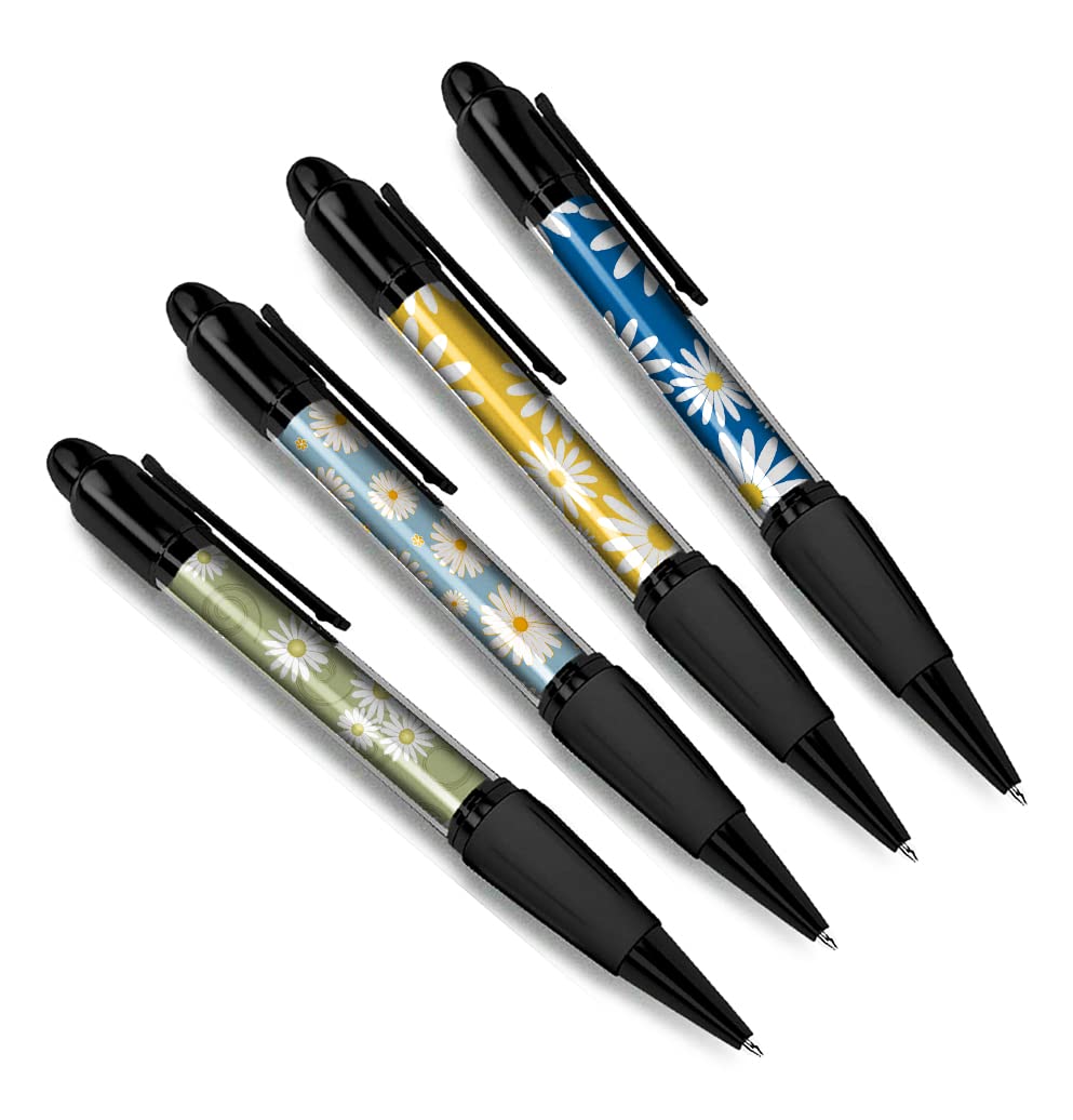 DV DESIGN Set of 4 Daisies Flowers Black Ballpoint Pens - Floral Girls Pattern Daisy Theme Gift