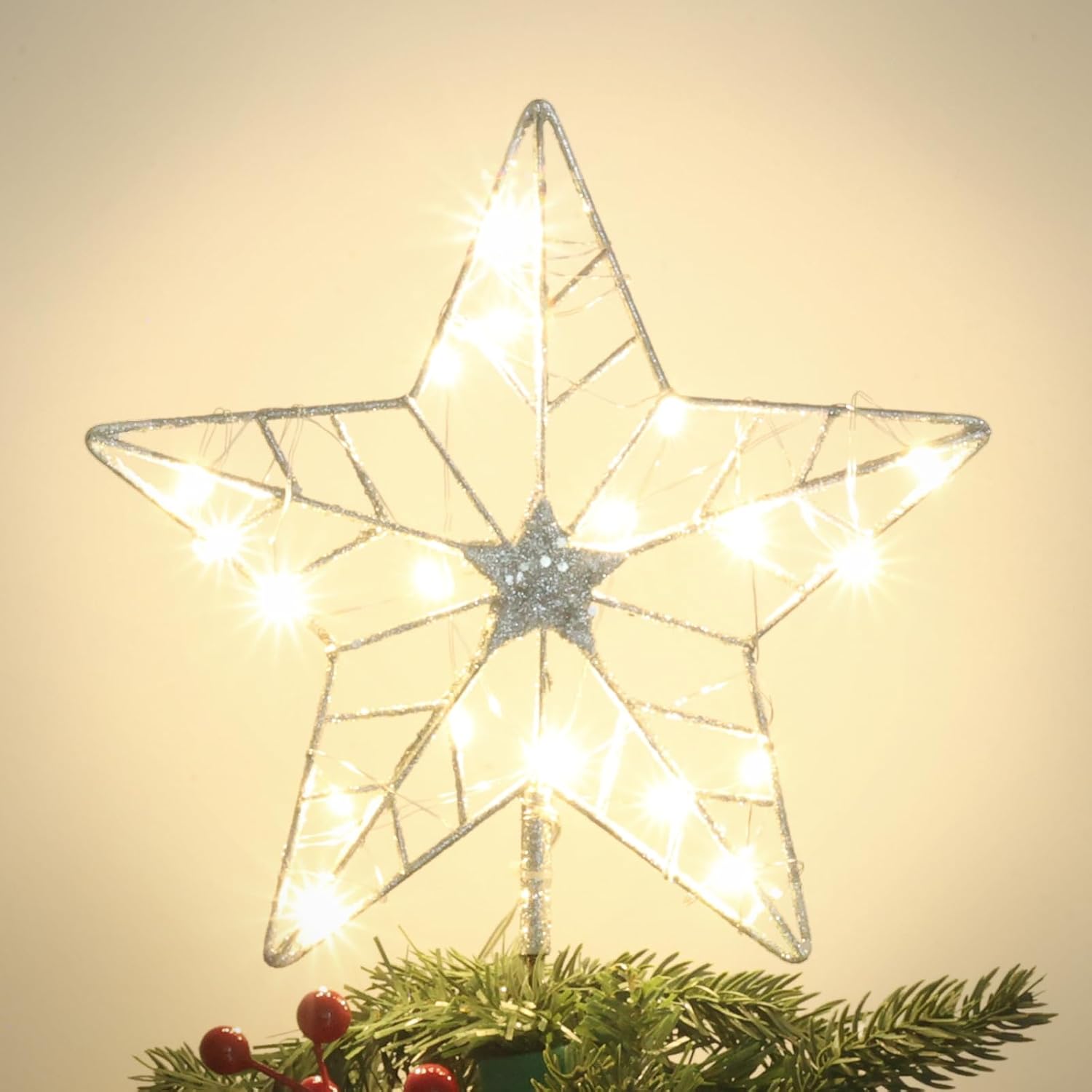 Tree Toppers - YEAHOME Christmas Tree Topper, Lighted Hollow 5-Point Star Tree Topper, Wire Star for Christmas Treetop with 20 LED Lights Xmas Tree Topper for Christmas Tree Ornament Decoration, Silver Glittered