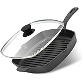 Northriver Casting 10.5 Inch Cast Iron Square Grill Pan with Tempered Glass Lid, Heavy Steak &amp; Bacon Pans for Stove Tops