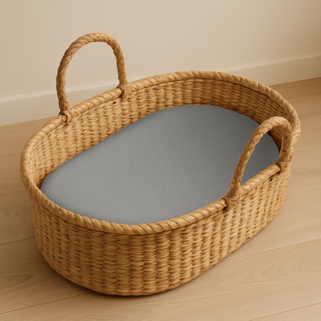 Callowesse 2-Pack Moses Basket Fitted Sheets 30x74cm – Organic Cotton Baby Bedding with Elasticated Edges for Snug Fit – Grey