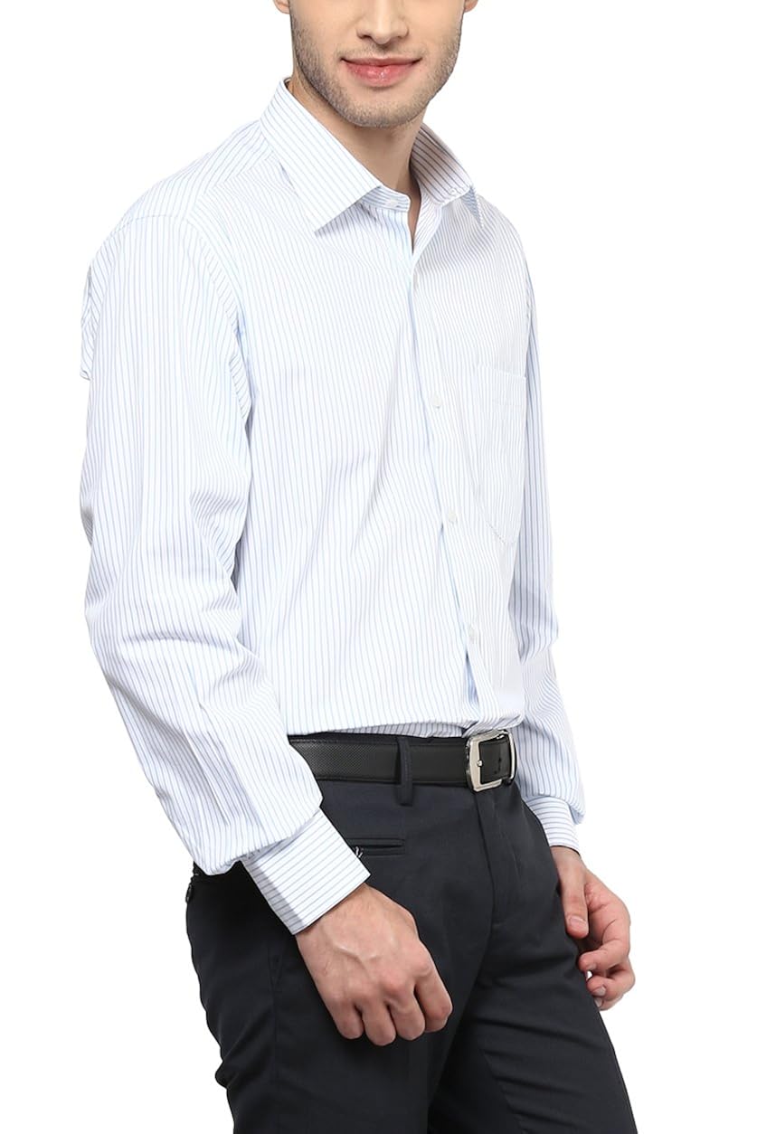 american crew men's full sleeve stripes shirt with pocket (white & sky blue)