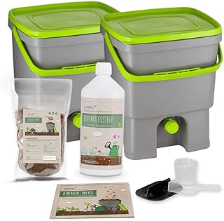 DIMIKRO Bokashi Eimer Starterset - 2 Eimer (grau/grün 16 Liter) inkl. EM aktiv + Bokashi Ferment + Bokashi Einsteiger-Broschüre & Zubehör - Komposteimer wandelt Küchenabfälle in Dünger um