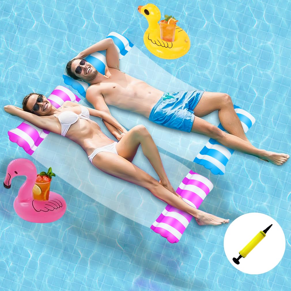 2 Pack Netted Lilo Pool Inflatables with 1 Pump and 2 Drink Holder, 4 in 1 Swimming Pool Hammock Floats Water Toys for Adults, Cool Mesh Relaxing Lounger Chair Seat Mattress for Beach Summer Holiday