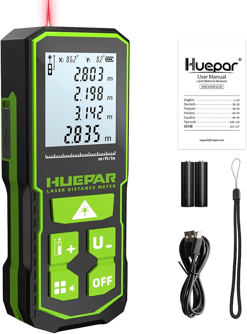 Huepar S120 Laser Distance Meter 120m 400Ft Digital Measure Red Beam Angle Level