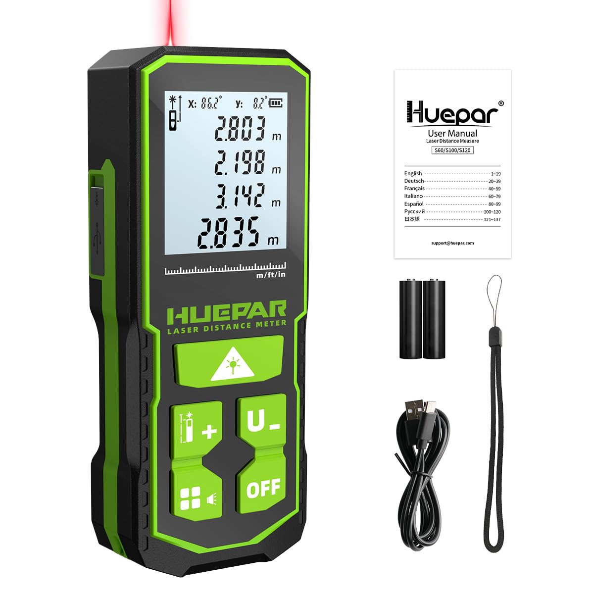 Laser Distance Meter 100m, Huepar S100/330Ft Digital Laser Measure with Backlit 4-Line Display, Area Volume & Pythagorean Measurement,Bubble Level, IP54, Portable Distance Measuring Tool with Battery