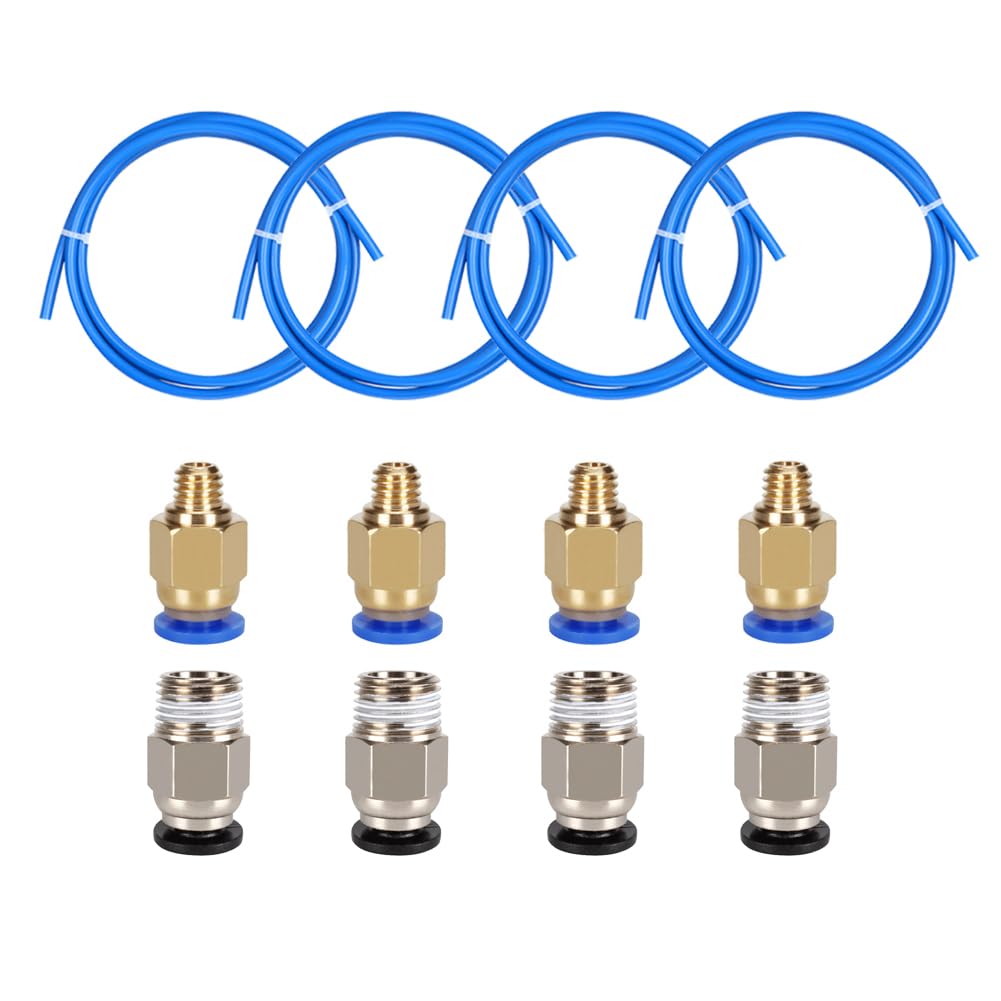 iYueMps 4pcs Teflon Tube Blue PTFE Tubing (1M) with 4pcs PC4-M6 Pneumatic Fitting Push to Connect + 4pcs PC4-M10 Straight Quick in Fitting for 3D Printer Extruder Connection
