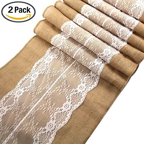 CCTRO Lace Hessian Table Runner, Rustic Natural Jute Country Outdoor Wedding Party Vintage Ivory Burlap Table Cloths Decoration 12x108 inches (2PCS C) - Thumbnail 5