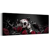 RnnJoile Gothic Art Wall Decor Skull Pictures Raven Wall Art Painting Black and Red Halloween Home Decor Framed 16x40 Inch (Red)