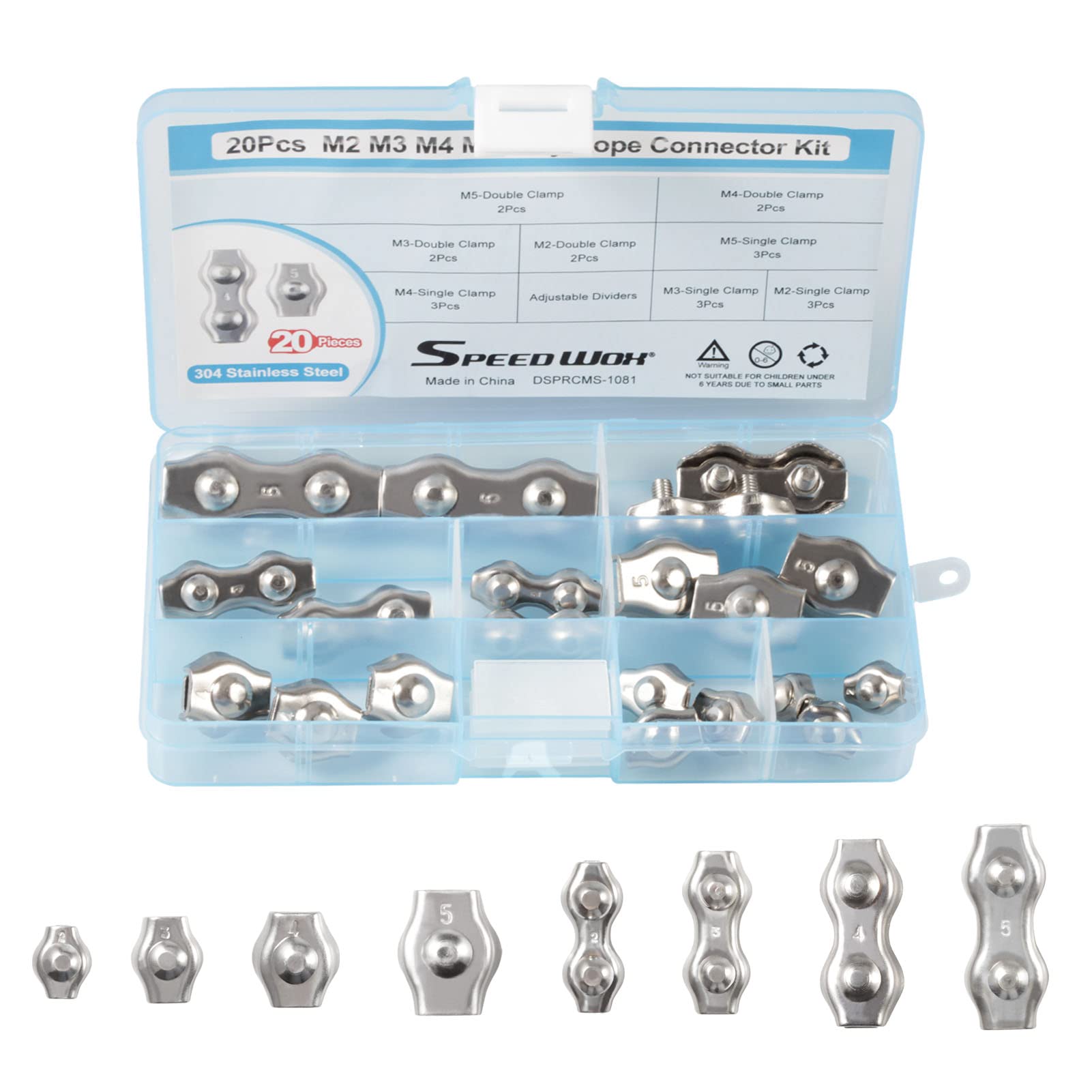 SPEEDWOX 20 Pcs Poly Rope Connector M2 M3 M4 M5 304 Stainless Steel Polyethylene Cord Connectors Single and Double Clamp for Electric Fence Connection