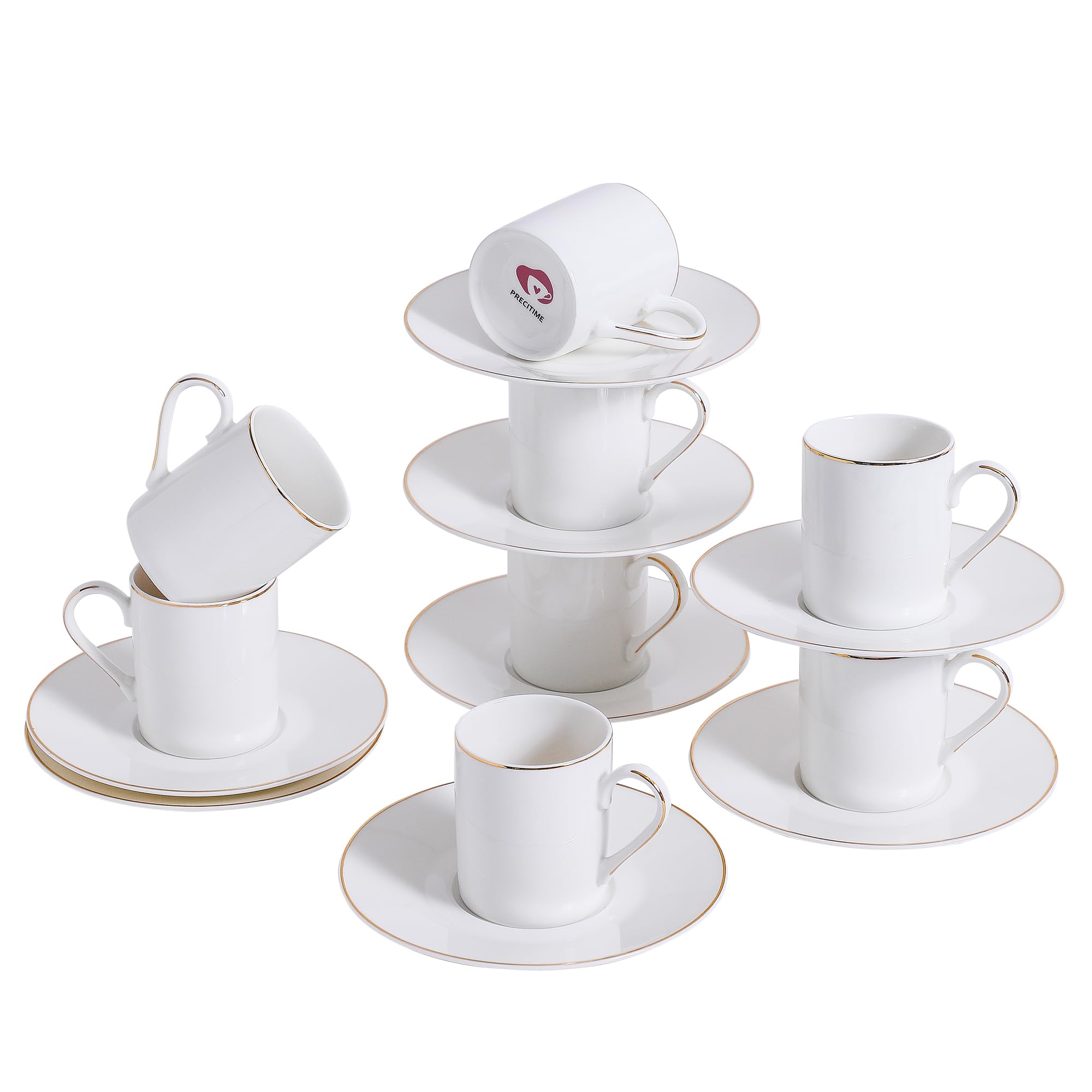 Photo 1 of PRECITIME White Porcelain 8-Piece Espresso Cup Set - 3.3oz Demitasse Cups and Saucers Set, Elegant design with gold trim, Perfect for Espresso, Turkish Coffee, and Dessert Drinks, Gifts