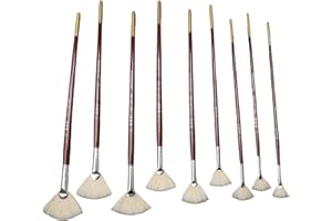 Artist Fan Paint Brushes Set|9Pcs Fan Brush for Painting, Medium Stiff Hogs Bristle Extra Long Handle Brush, for Acrylic, Oil