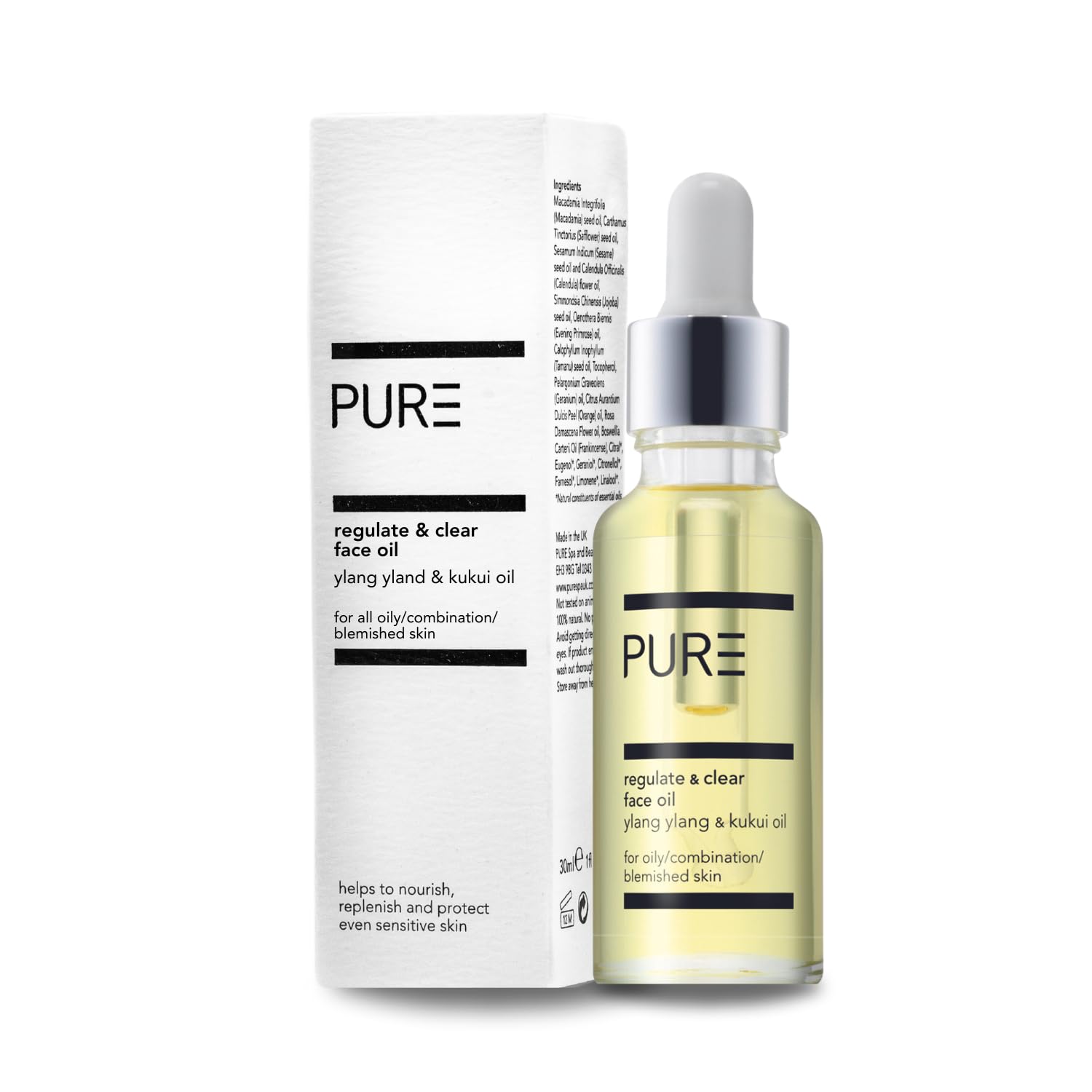 Breakout Clearing Face Oil for Oily, Blemished Skin – Calms Redness & Inflammation – Kukui, Vitamin E, Frankincense & Lavender – 100% Natural & Vegan – 30ml by PURE Spa Skincare