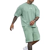Epoleatries Men's 2 Piece Outfits Letter Drop Shoulder Oversize Tee Shirt Shorts Set Athletic Jogging Summer Tracksuit