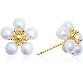 IDOKAWA Freshwater Pearl Daisy Earrings for Women, 18K Gold Plated Flower Stud Earrings with Zircon Center, 925 Sterling Silver Post, Elegant Minimalist Jewelry Gift for Her