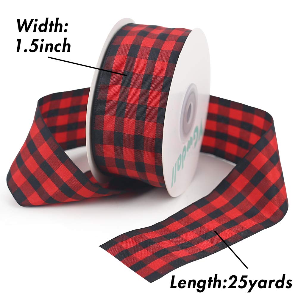 VGOODALL Buffalo Plaid Ribbon Decoration-25 Yards and 1.5 Inch Black Red Plaid Ribbon, Decorate Your House,Christmas Wreaths,Staircase and DIY Any Kind of Style You Like