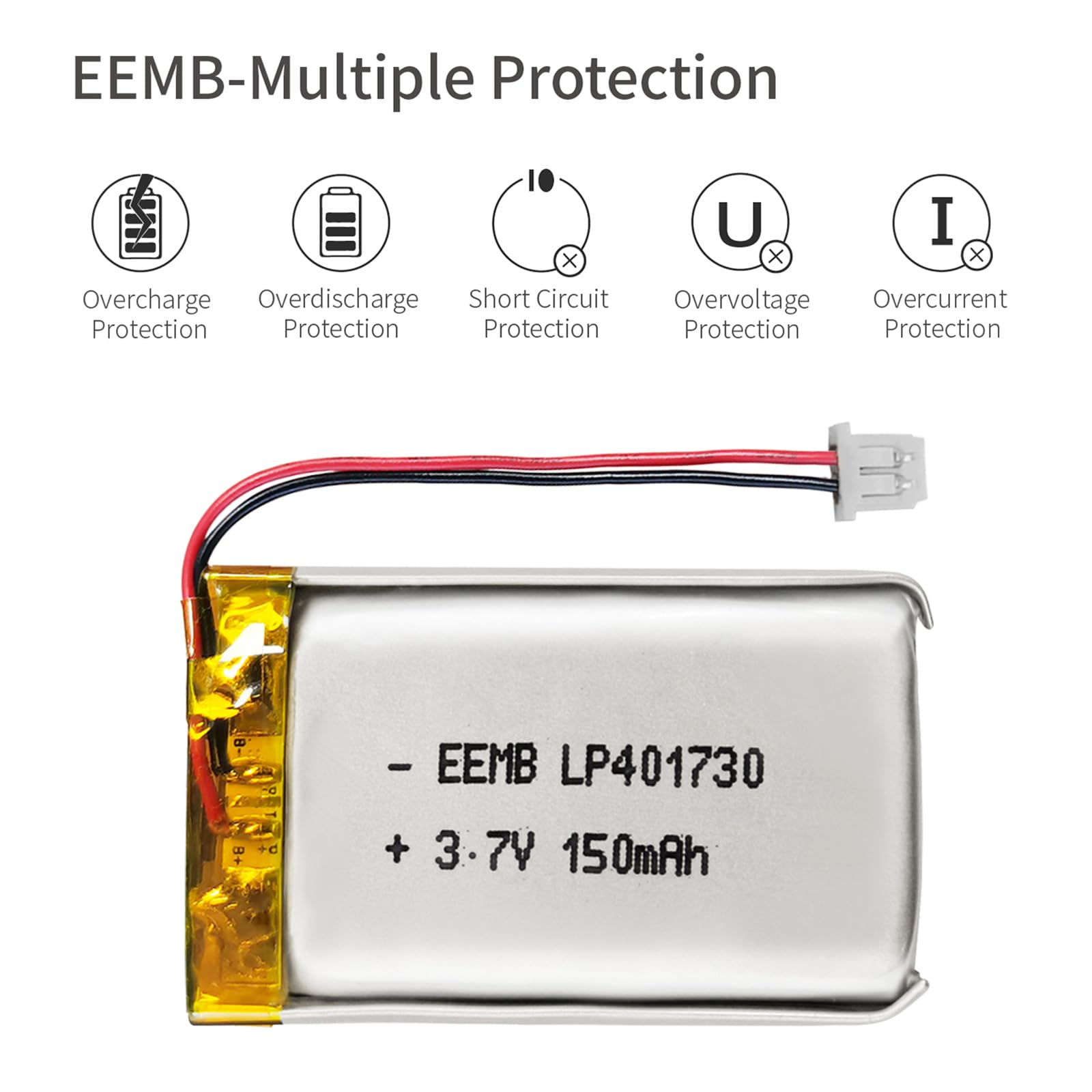 EEMB Lithium Polymer Battery 3.7V 150mAh 401730 Lipo Rechargeable Battery Pack with Wire Molex 1.25mm Connector for Speaker and Wireless Device- Confirm Device & Connector Polarity Before Purchase