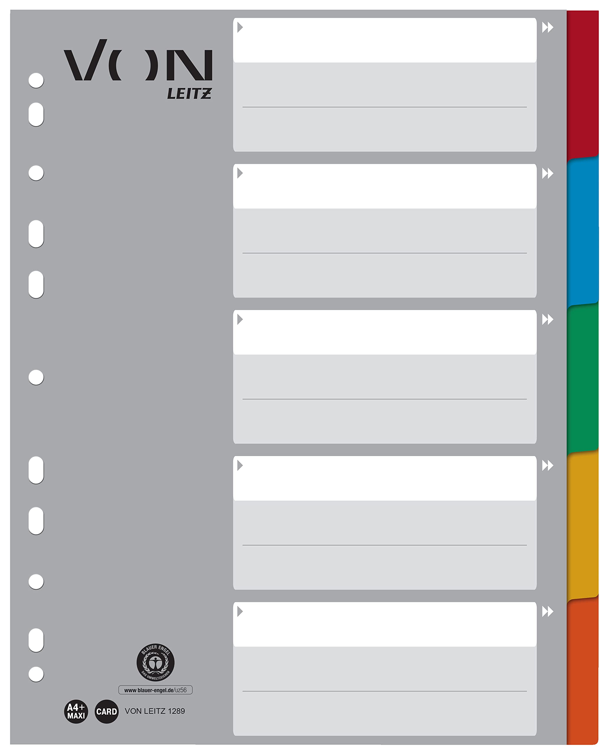 Von Leitz 12890000 Pack of 5 A4 Dividers Blank Dividers Extra Wide 100% Recycled Cardboard 11 Hole Universal Index Multi-Coloured