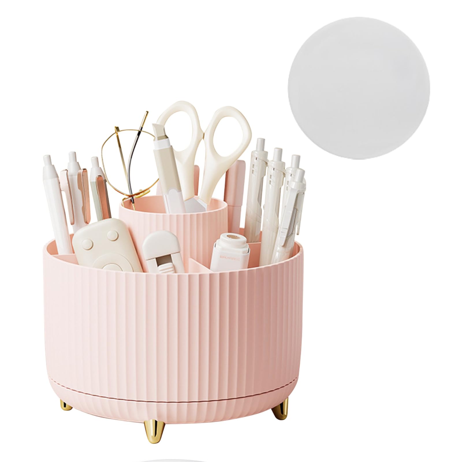 Vilike Rotating Pen Pot for Desk Tidy, Pink Desk Organiser & Makeup Brush Holder with 5 Compartment for Women, Desk Accessories with Anti-slip for Home, Office(Pink)