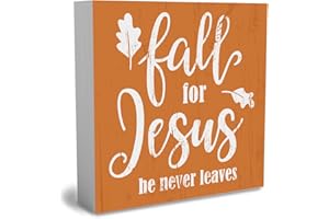 WRSUNT Rustic Sentimental Quote Gift Wood Box Sign, Farmhouse Fall for Jesus He Never Leaves Artwork Decor, Autumn Thanksgiving Wooden Square Sign Desk Block Signs Home Shelf Office Decoration 5 x 5 Inches