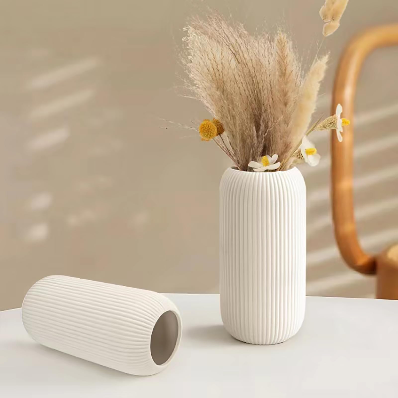 White Ceramic Vase for Flowers, 8 INCH Flower Vase Modern White Vase Home Decor, Small Vase, Ribbed Textured Vase for Pampas Grass Decorative Vase, for Farmhouse Coffee Table Bookshelf Home Living - Image 3