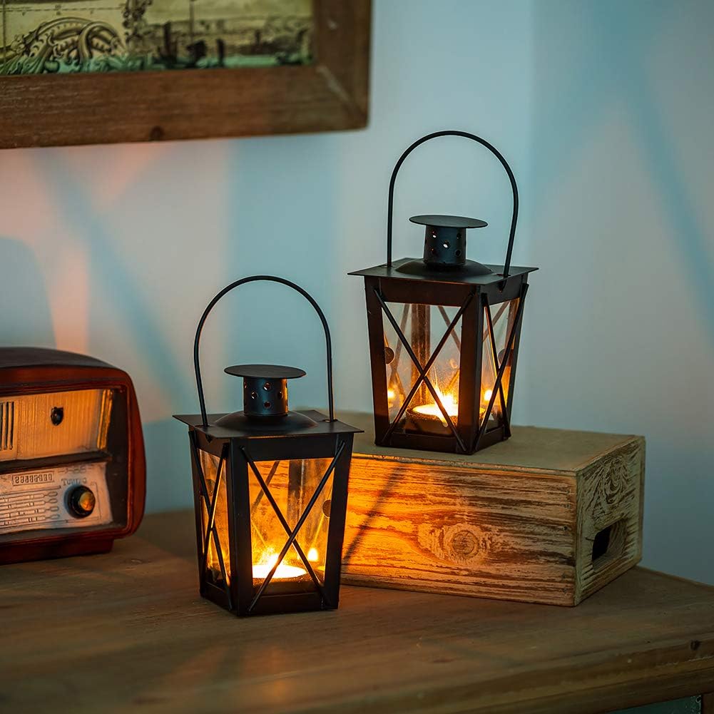 4 Pcs Vintage Black Metal Mini Decorative Candle Lanterns Tealight Candle Holder & Led Tea Light Candleholder Decoration for Birthday Parties Wedding Centerpiece Relaxing Spa Setting (Black, 4 Pcs): Home & Kitchen