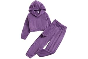 SOLY HUX Girl's Bear Ear Fuzzy Drop Shoulder Hoodie Sweatshirt with Sweatpants Two Piece Outfit