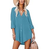 POWSEEN Women's Summer Long Sleeve Beach Cover-ups Casual Button Down Dresses Shirt Oversized Tunic Dress with Pocket