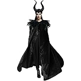 Joukavor Maleficent Costume Adult Black Velvet Cape Feather Shawl with Evil Queen Horns Set