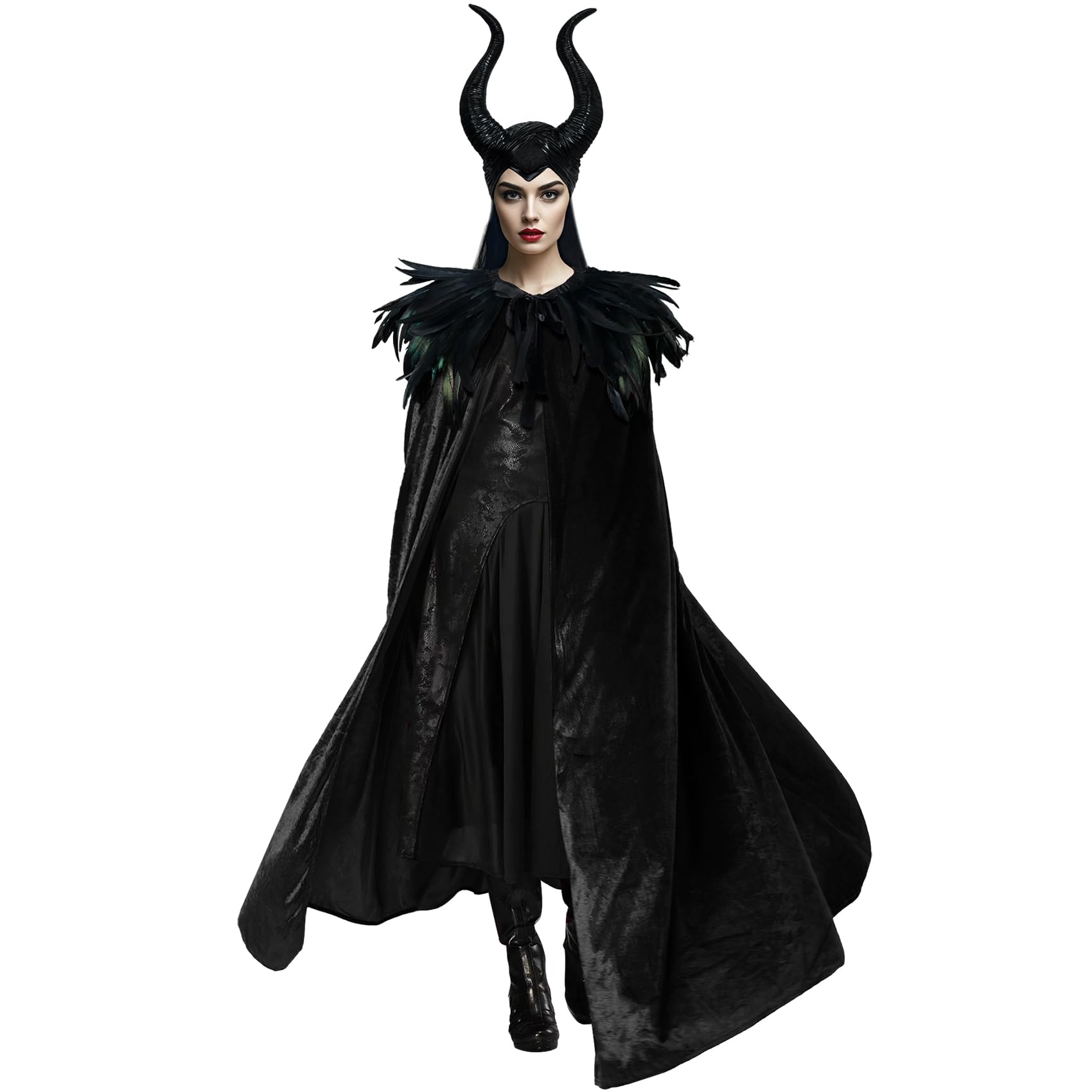 Photo 1 of ** MISSING CAPE** Joukavor Maleficent Costume Adult Black Velvet Cape Feather Shawl with Evil Queen Horns Set (Black)