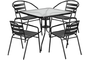 Flash Furniture 5-Piece Patio Dining Set with 31.5" Square Glass Metal Table and 4 Stackable Slat Back Chairs, Indoor/Outdoor Bistro Table and Chairs Set, Black