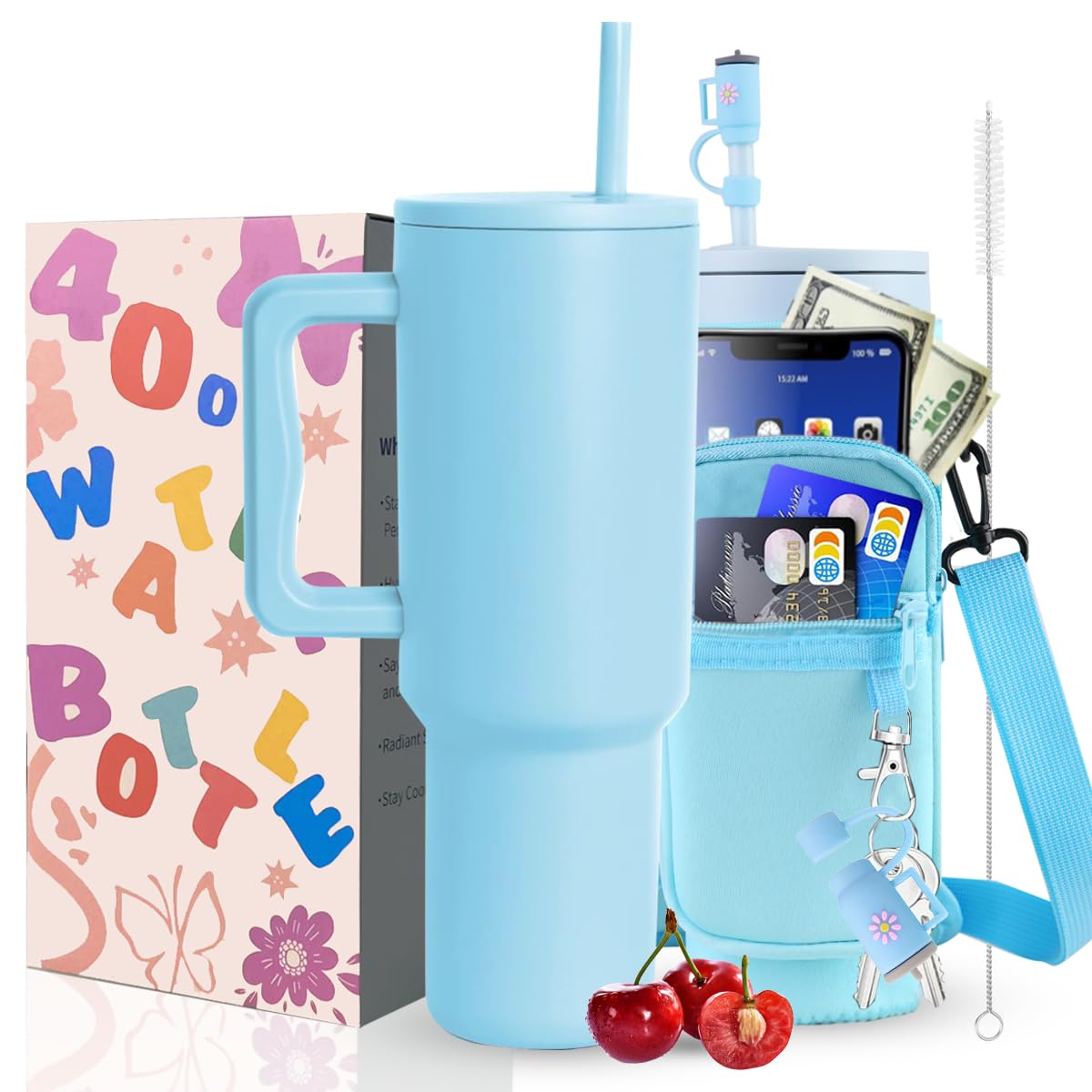 Sanilinwild 40 oz Tumbler with Handle and Straw Water Bottle Holder with Phone Pocket-BPA-Free-Easy to Carry-Travel Coffee Mug - Dishwasher Safe-Women Men for Holiday (Sky Blue)