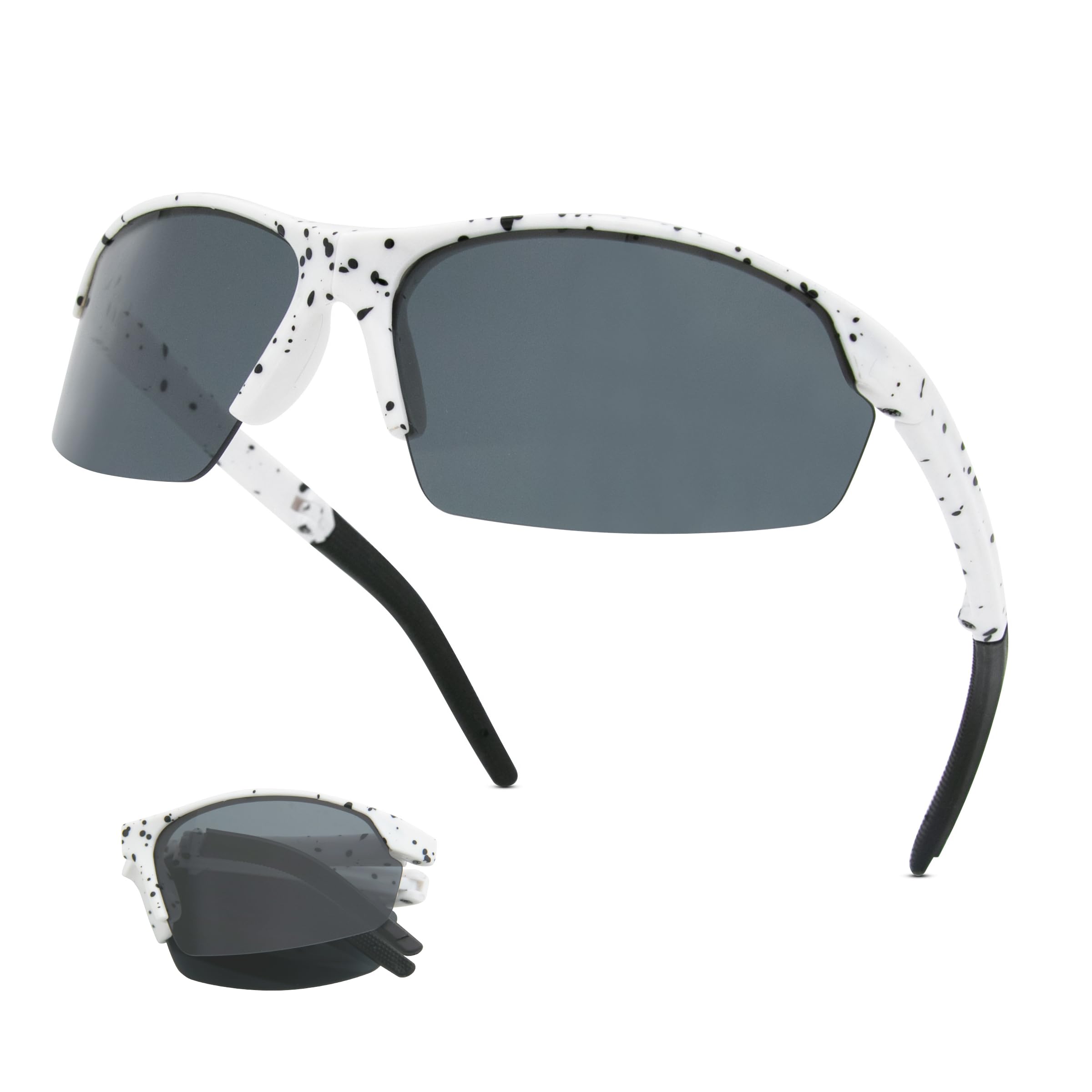 Long Keeper Foldable Sports Sunglasses for Men Women Youth Sports Running Glasses Windproof Cycling Goggles Softball Baseball Glasses UV Protection Shades (White Frame Dark Grey Lens)