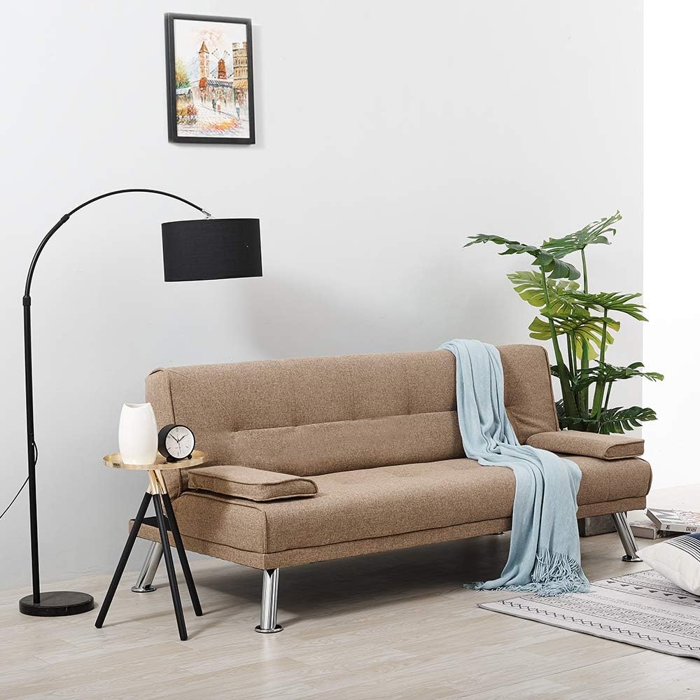 Storeinuk Linen Fabric Sofa Bed Recliner 3-Seater, Click Clack Mechanism, with Removable Arm Pads, Brown